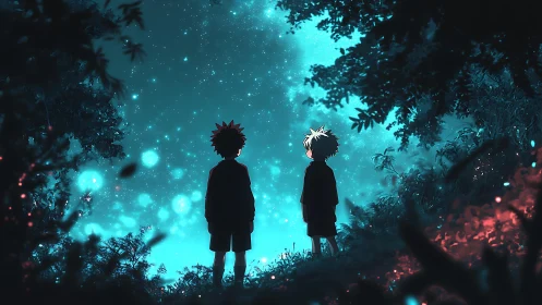 Anime night forest tableau with silhouetted child figures.