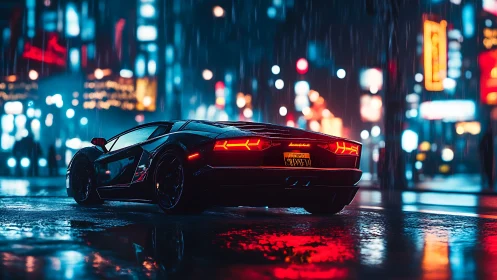 Neon-lit supercar in cinematic rainy urban streetscape.