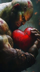 Battle-scarred giant cradling cracked red heart sculpture.