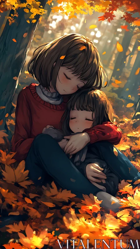Digital painting of sisters embracing amid autumn foliage.