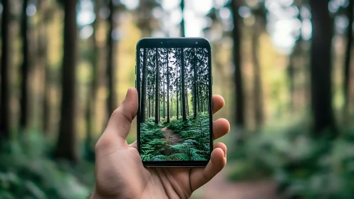 Hand holding smartphone displaying forest path