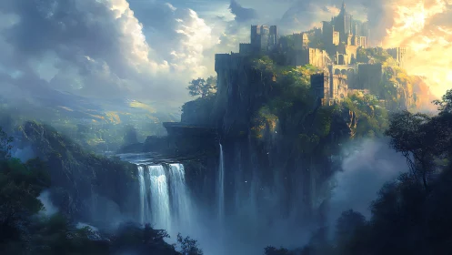 Epic fantasy citadel on misted cliffs with cascading falls.