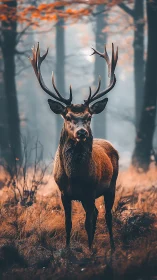 Stag stands in misty autumn forest with ember foliage glow.