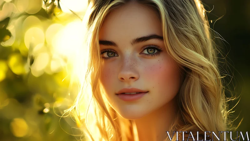 Sunlit portrait highlights golden hair and green eyes.