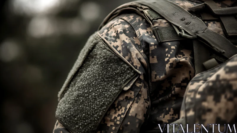 Close military uniform detail with digital camouflage pattern.