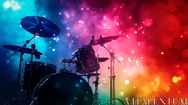 Drum kit silhouette in neon bokeh concert lights glow.