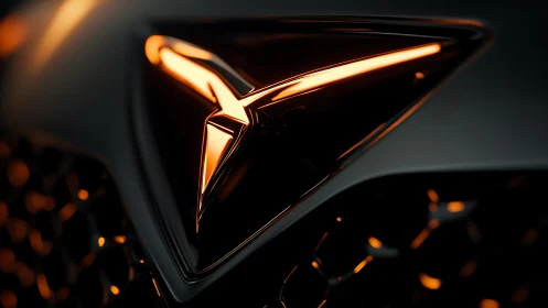 Photorealistic macro of illuminated automotive emblem geometry.