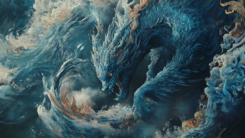 Blue-scaled dragon figure emerges within turbulent mist