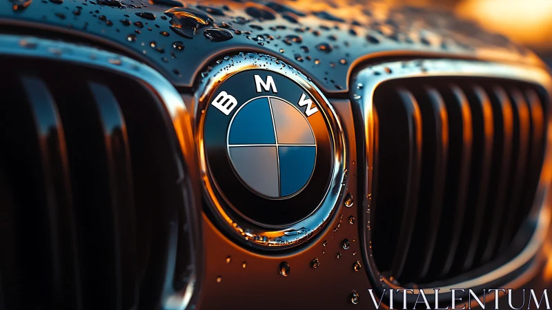 Closeup BMW badge with wet grille in warm sunset light.