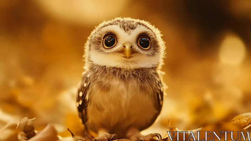 Adorable baby owl in soft autumn light, whimsical style.