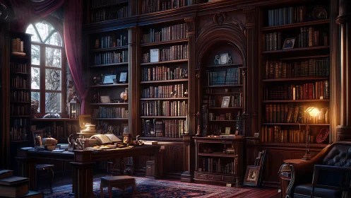 Wood-paneled study with extensive bookshelves and desk.