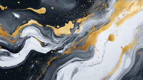 Black white and gold fluid abstract marble style background.