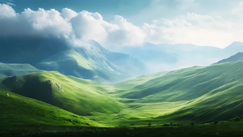 Emerald valleys breathe under drifting mountain cloudlight.
