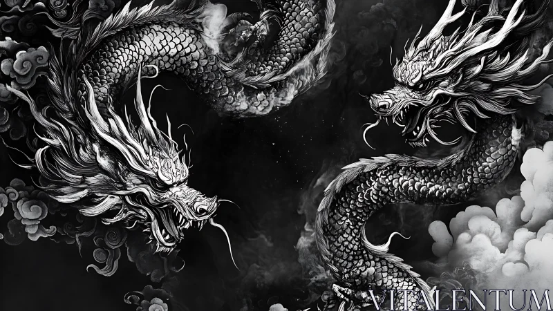 Twin dragon heads coil and confront within dense storm clouds