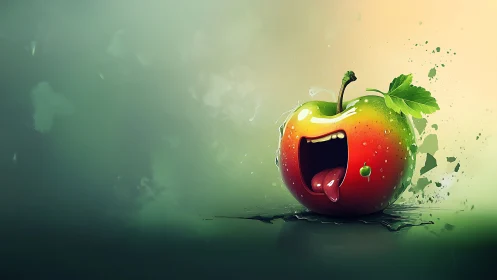 Anthropomorphic red green apple with open mouth on gradient