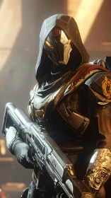 Hooded exo-guardian with tactical rifle, cinematic 3D portrait.