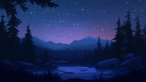 Starlit Mountain Lake at Twilight with Pine Forest Silhouettes