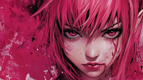 Bloodstained pink haired anime elf girl intense portrait.