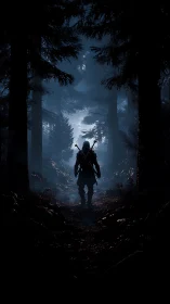 Lone wanderer stepping into a misty midnight forest trail.