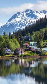 Lakeside village below snowcapped mountain ridge reflection.