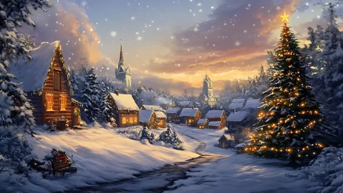 Snow-covered village is shown at dusk with illuminated houses