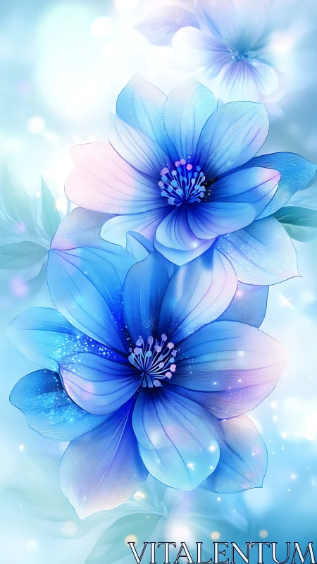 Ethereal Blue Flowers with Luminescent Particle Effects.
