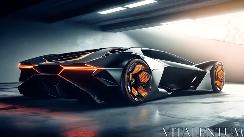 Futuristic concept supercar is rendered in a lit tunnel