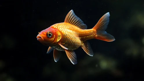 Goldfish in dark water with detailed scales and fins.