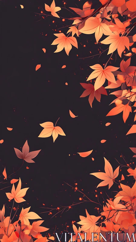 Glowing autumn maple leaves drift across deep charcoal void