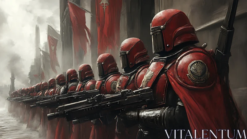 Armored red soldiers in formation on foggy fortress street.