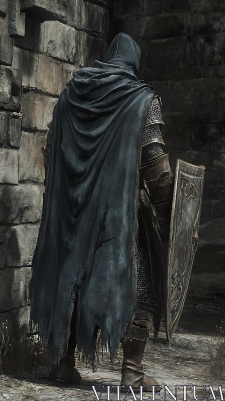 Cloaked medieval sentinel with corroded shield in stone corridor.