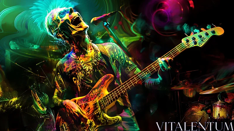 Neon punk bassist screams under swirling psychedelic lights.
