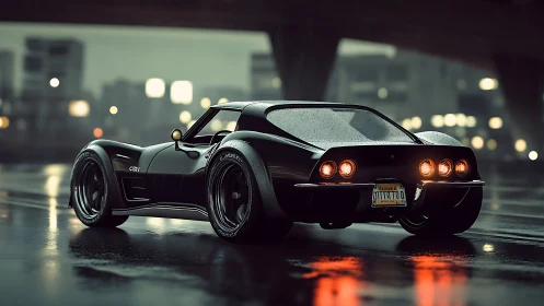 Midnight muscle coupe idling under rain-slick city overpass.