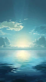 Calm ocean horizon under soft sunrise light reflection.