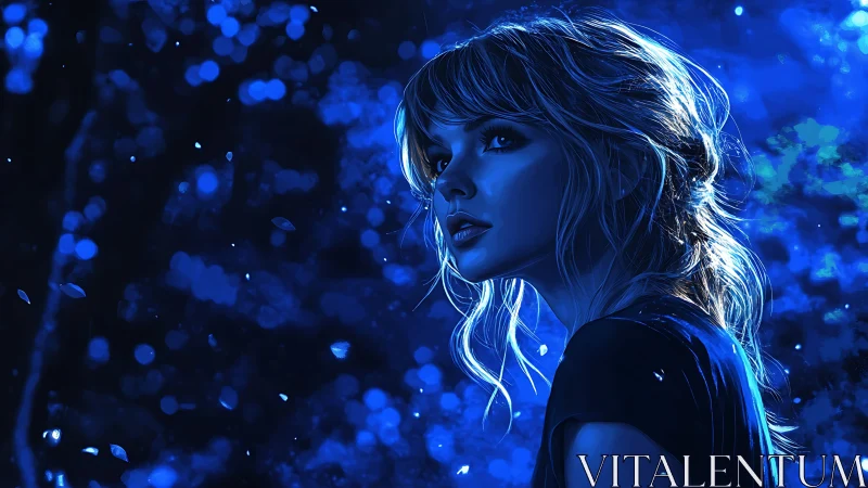 Nocturnal bokeh portrait under deep cobalt bioluminescence.