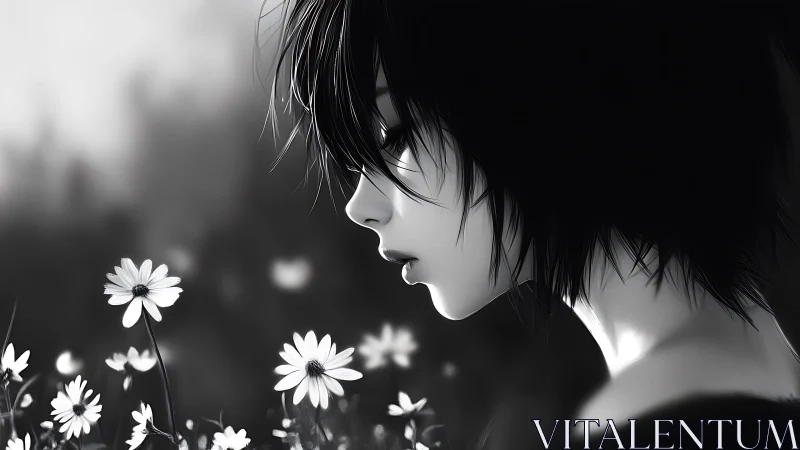Monochrome side profile of youth near daisies outdoors.