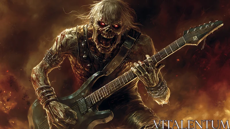 Undead metal guitarist screams amid burning infernal stage