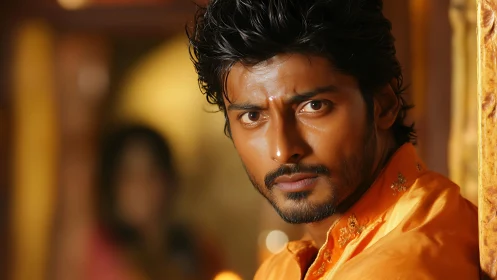 Serious man in orange traditional attire indoors portrait.