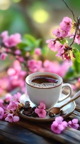 Blossom-kissed morning coffee cradled in soft spring light.