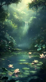 Radiant lily pond beneath volumetric forest waterfall glow.