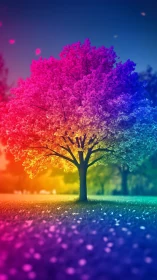 Prismatic dreamtree glowing under a neon twilight sky.