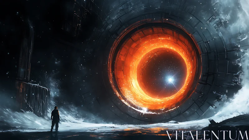 Solitary figure observes large circular fiery portal structure