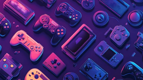 Retro game controllers glow in neon purple and pink light.