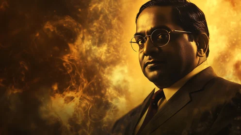 Stoic suited figure emerges from molten golden storm.