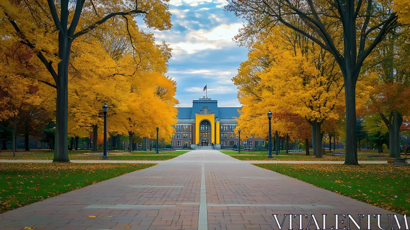 Autumn trees frame a grand campus walkway toward a hall