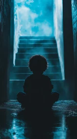 Quiet child silhouette watching a glowing blue stairway.