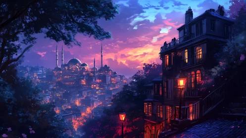 Sunset city skyline glows beside lamplit hillside homes