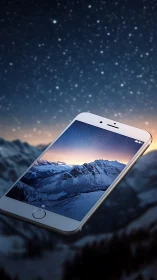 Bezel-edge smartphone overlaying alpine dusk mountain landscape