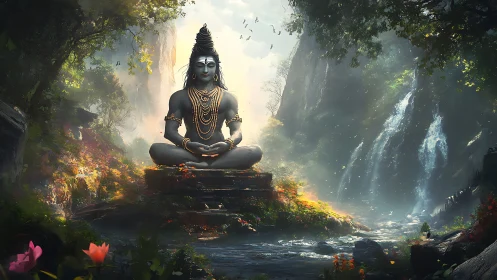 Divine yogi meditates beside misty waterfalls in sacred forest.