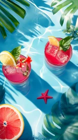 Tropical Cocktails by the Pool. Summer beverage scene with vibrant pink drinks and fresh citrus garn